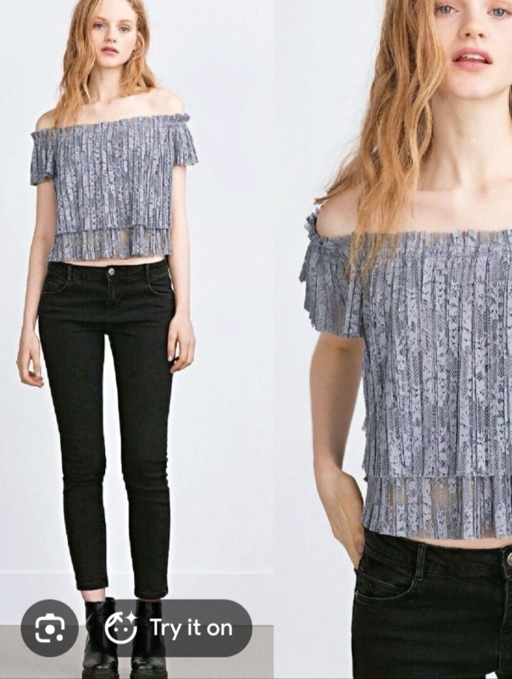 Zara Gray Off-Shoulder Lace Pleated Blouse